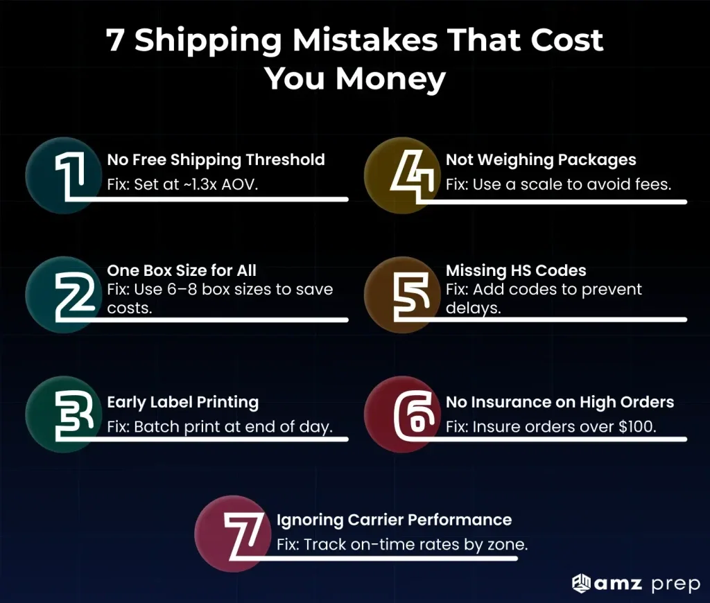 eCommerce Shipping Best Practices for 2026 6 Expert shipping mistakes impacting ecommerce costs infographic