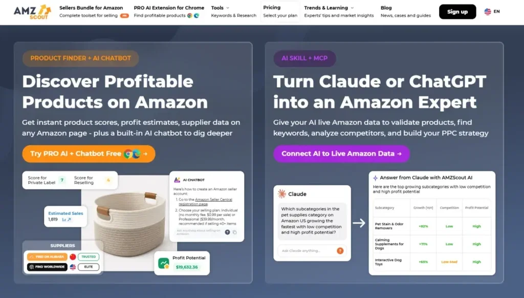 Best AI Tools for Amazon Sellers 2026: Listing, PPC, Repricing & Inventory Automation 6 Amzscout homepage