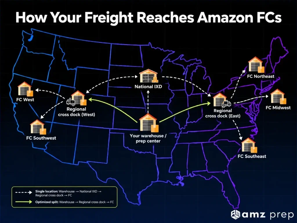 Amazon IXD and RXD Explained: How FBA Cross-Docks Move Your Inventory 4 Amazon freight routing from a prep center to fulfillment centers through national and regional cross-docks.