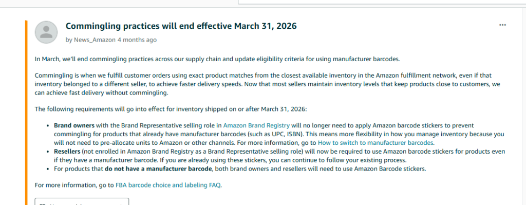 Amazon March 2026 Updates: What You Need to Know 3 Amazon commingling policy update announcement