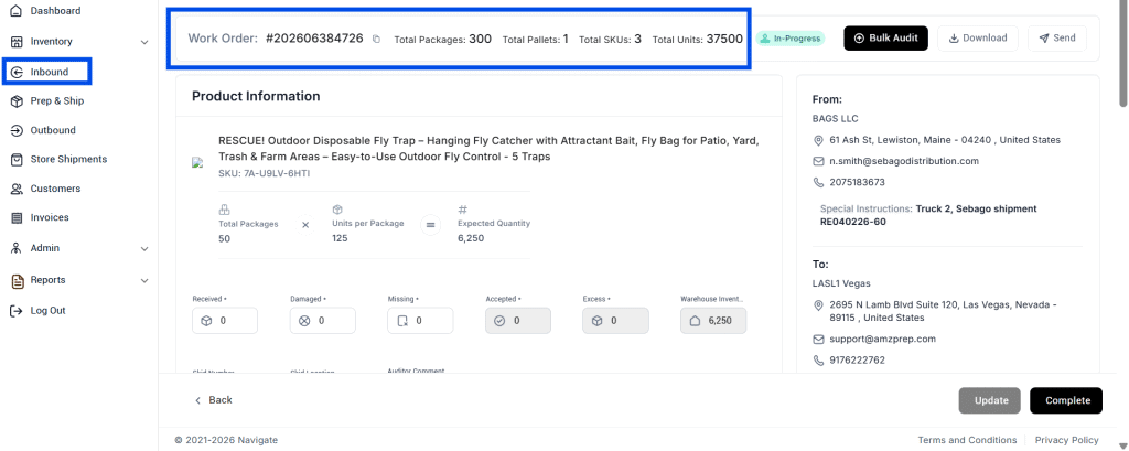 Navigate June 2026: Latest Product Updates 3 Navigate inbound shipment audit dashboard showing work order details