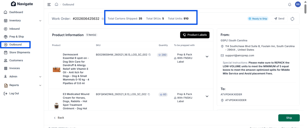 Navigate June 2026: Latest Product Updates 4 Navigate outbound shipment dashboard with work order summary