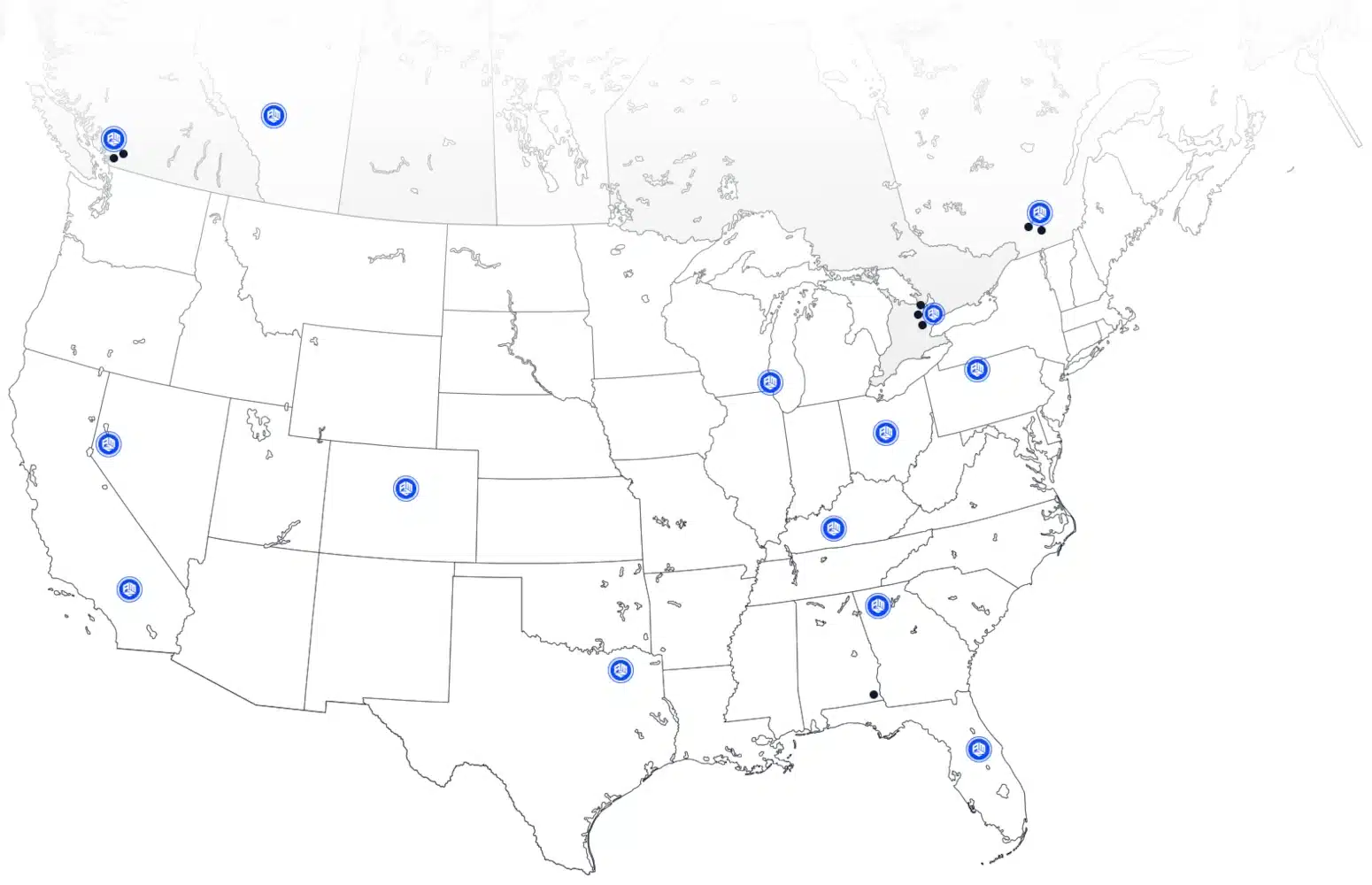 AMZ Prep: Amazon & eCommerce Fulfillment 75 Amz prep warehouse network map showing 50 plus fulfillment center locations across the united states and canada