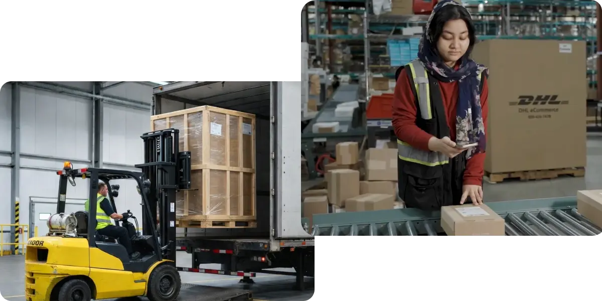 Amz prep shipping dock with multiple carrier trucks including ups fedex and regional carriers loading seller fulfilled prime parcels for 2 day nationwide delivery