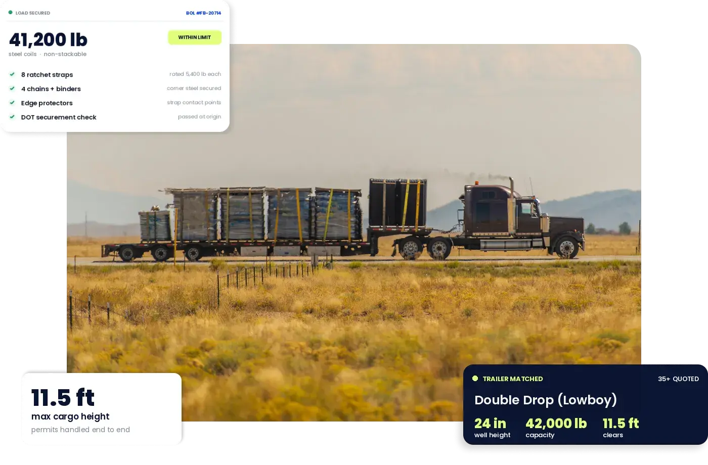 Oversized cargo secured on a flatbed freight trailer with straps and chains for shipping