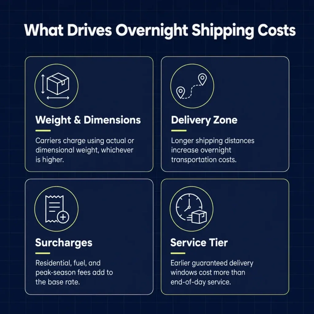 Overnight Shipping for Ecommerce: Costs, Carriers, and a Smarter Alternative 4 Overnight shipping costs driven by weight, distance, surcharges, and service