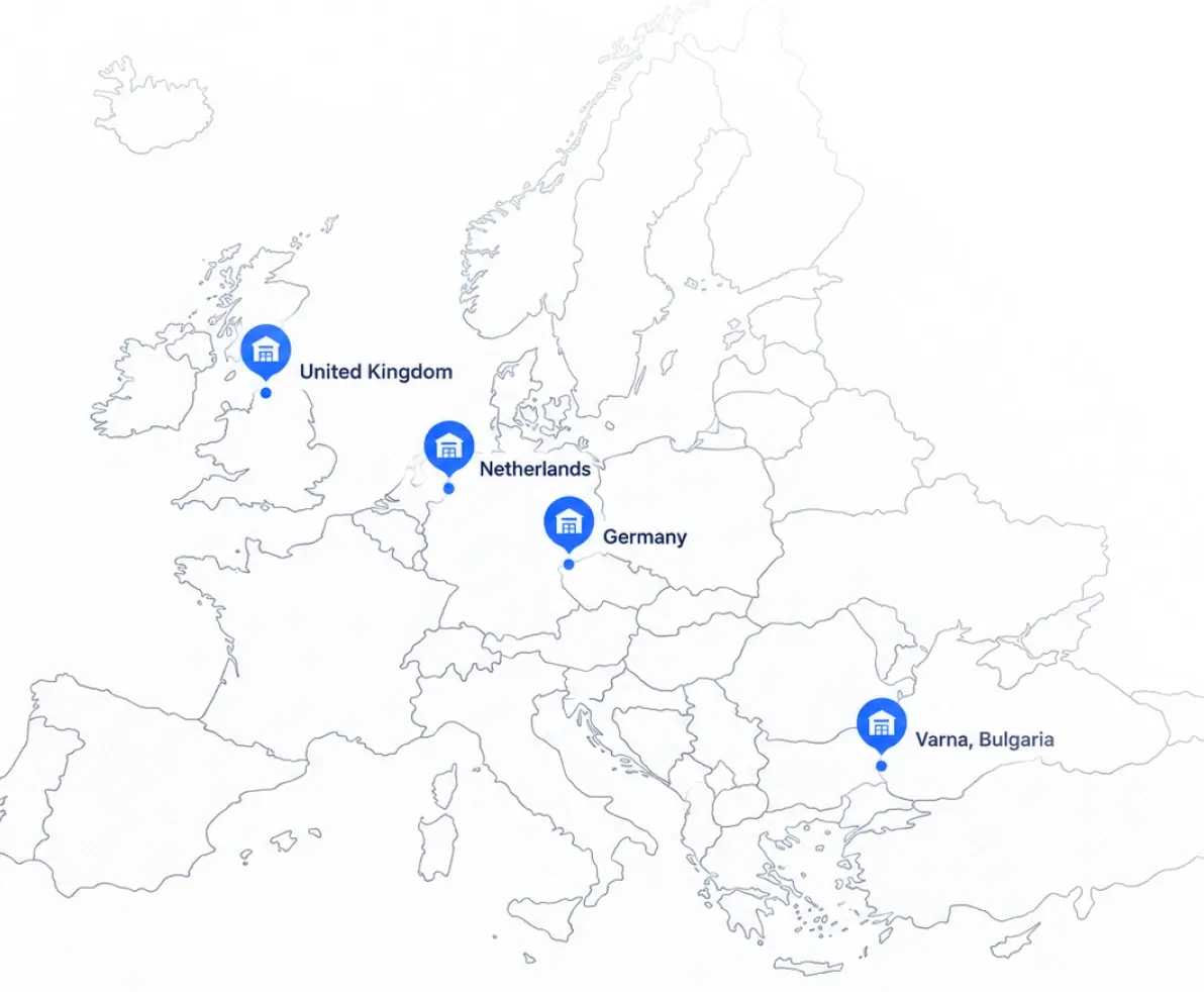 Map of amz prep's european locations in the united kingdom, germany, the netherlands, and varna, bulgaria