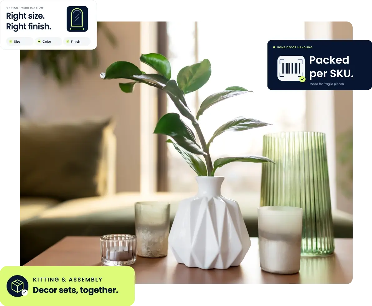 Home decor products packed for fulfillment at an amz prep warehouse